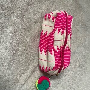 Pink and Cream Patterned Pouch with Pom